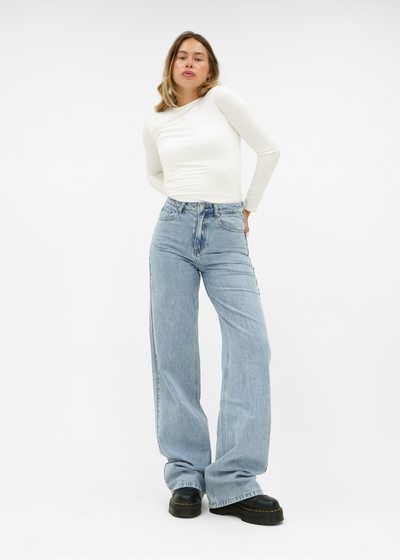 Jeans med hög midja och extra vida ben, klassiskt blå (lång)