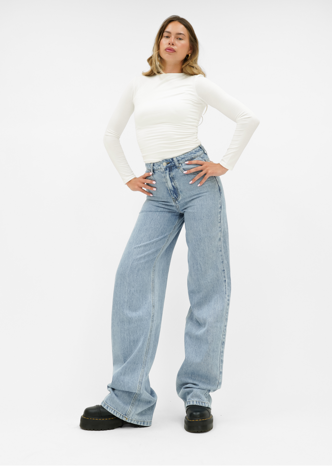 Jeans med hög midja och extra vida ben, klassiskt blå (lång)