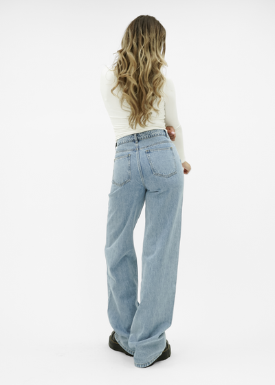 Jeans med hög midja och extra vida ben, klassiskt blå (lång)