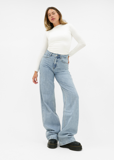 Jeans med hög midja och extra vida ben, klassiskt blå (lång)